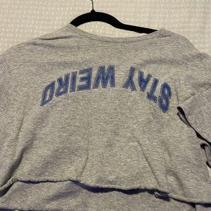 upside down (stay weird) cropped grey shirt